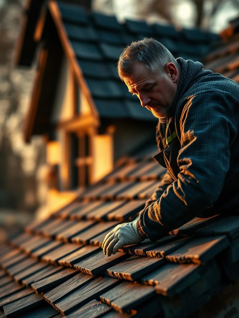 Dachdecker bei der Arbeit auf einem traditionellen Schieferdach